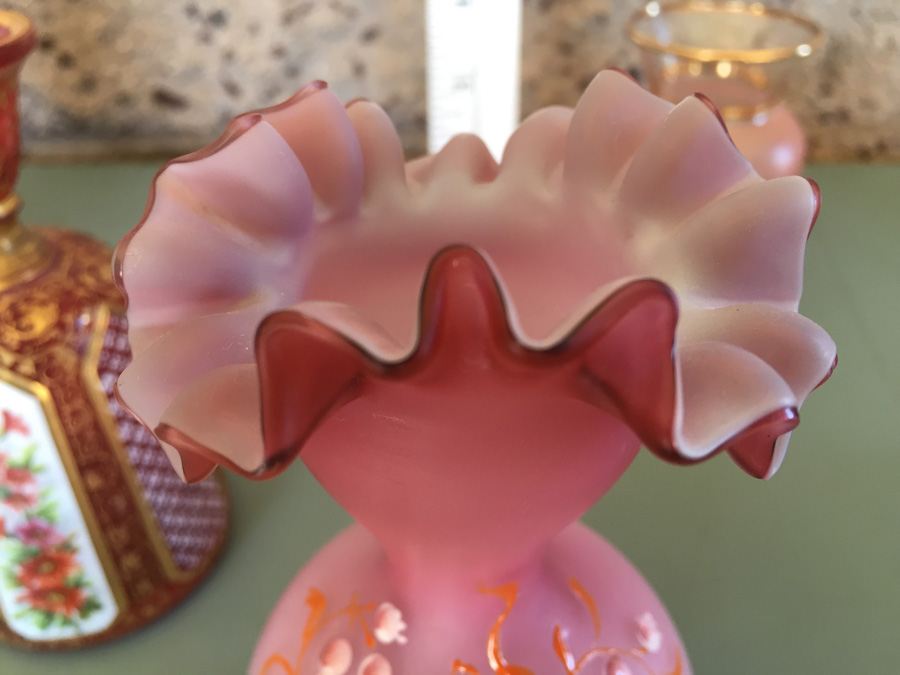 Pink Glass Vase And Bottle Lot - Beautifully Hand Painted [Photo 27]