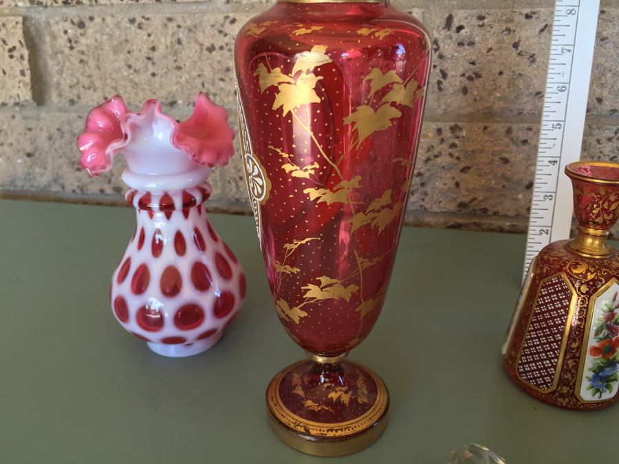 Pink Glass Vase And Bottle Lot - Beautifully Hand Painted [Photo 10]