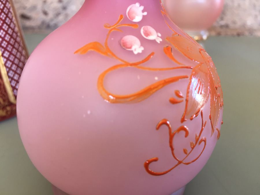 Pink Glass Vase And Bottle Lot - Beautifully Hand Painted [Photo 29]