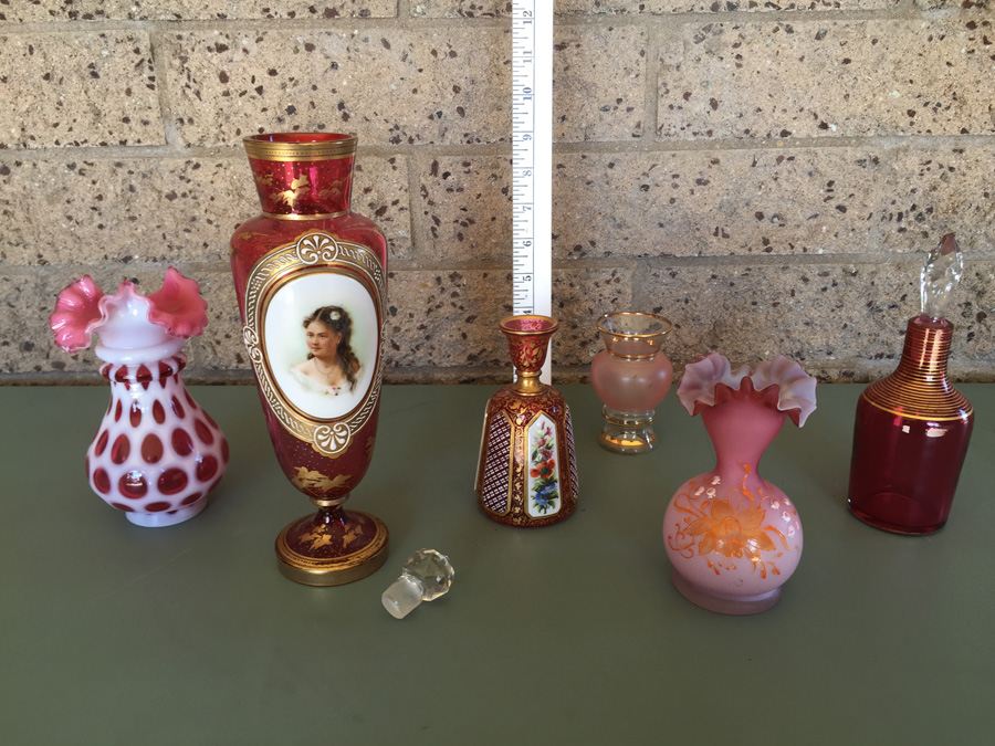Pink Glass Vase And Bottle Lot - Beautifully Hand Painted [Photo 1]