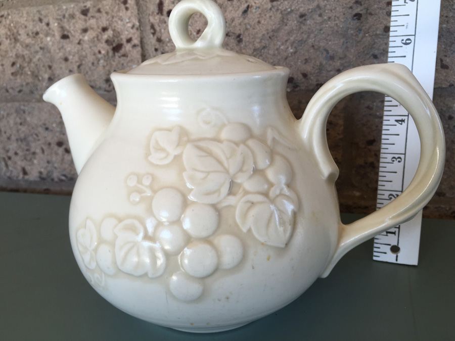 Vintage Wine Jug Vessel Featuring Grapes, Vines, And Leaves With Lid Marked On Bottom [Photo 4]