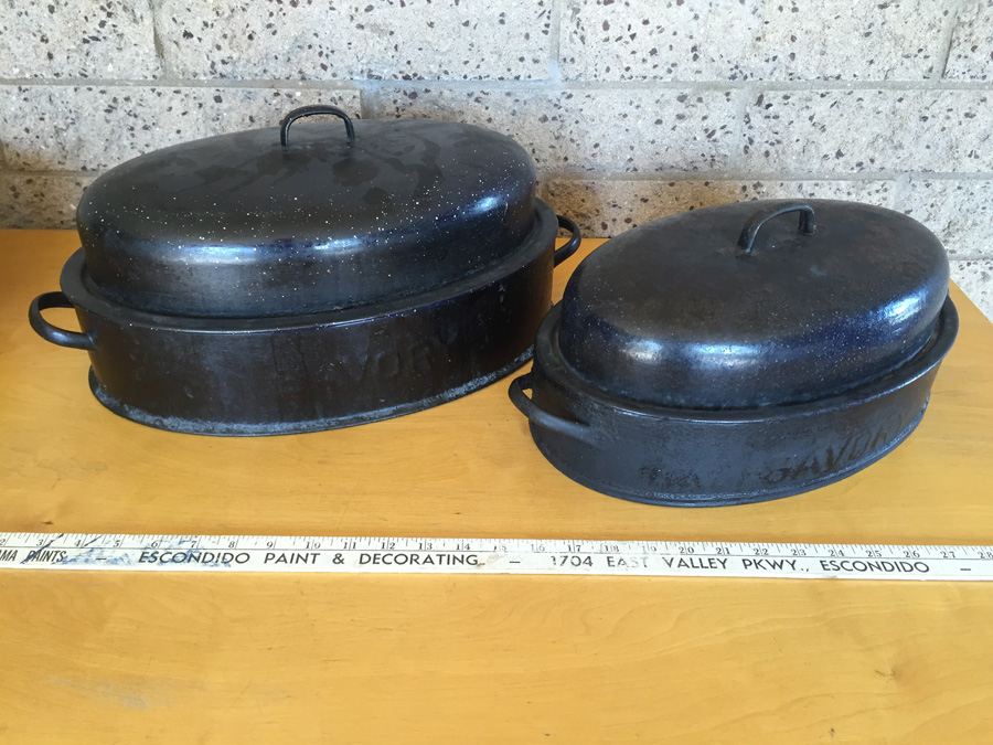 Pair Of Vintage SAVORY Roaster Enameled Roasting Pan Roast Double-Walled