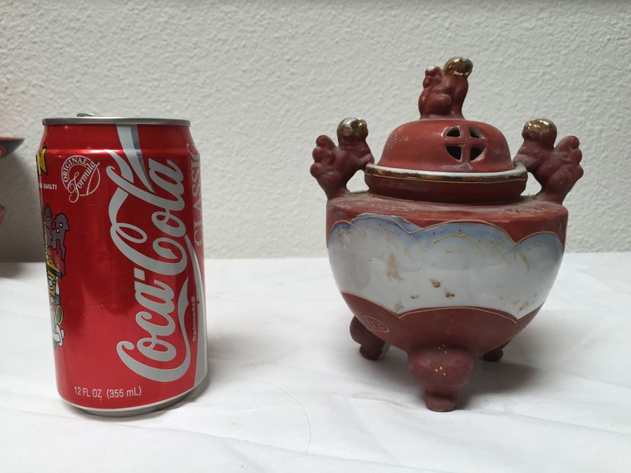 Vintage Japanese Incense Burner - Satsuma - Footed - Foo Dog Top [Photo 3]
