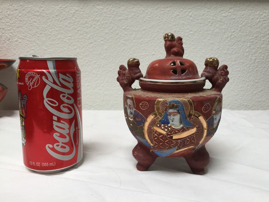 Vintage Japanese Incense Burner - Satsuma - Footed - Foo Dog Top [Photo 1]