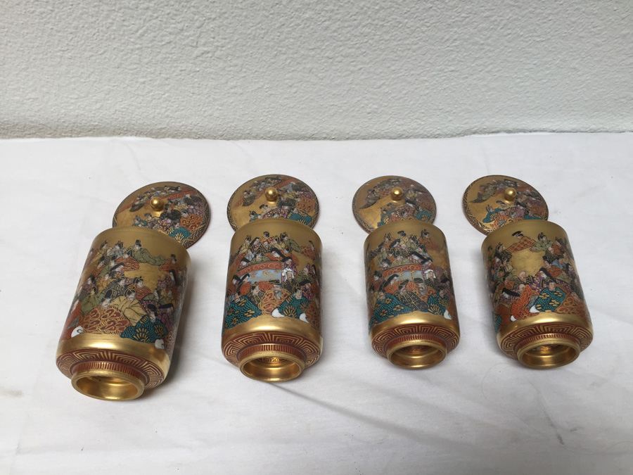 (4) Vintage Asian Cups With Lids Individually Signed [Photo 17]