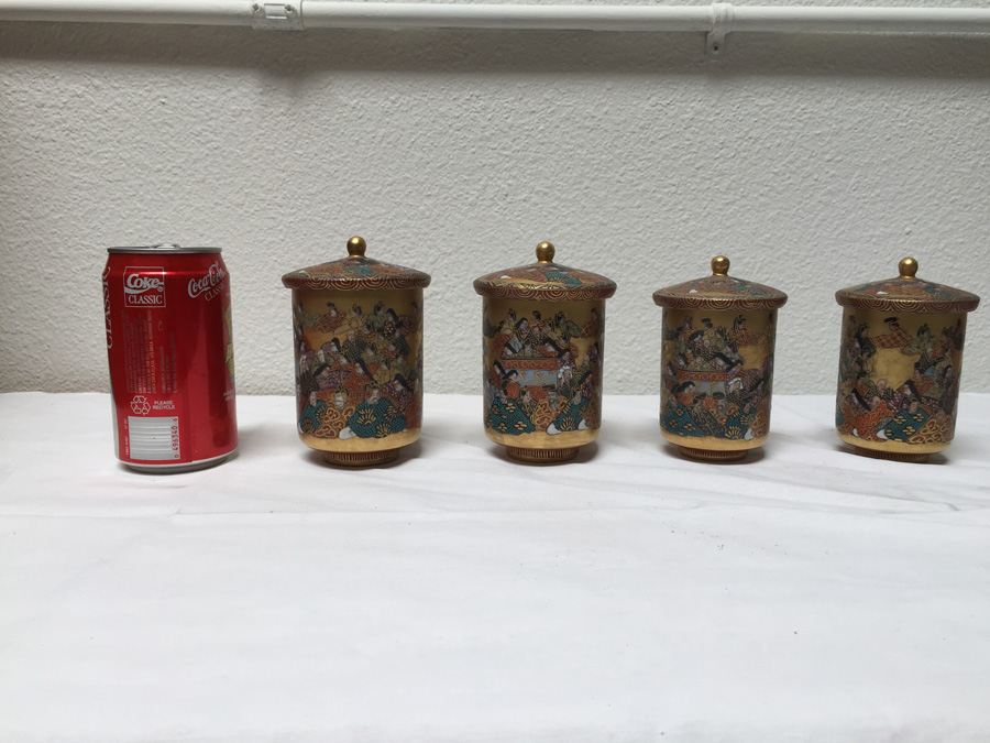 (4) Vintage Asian Cups With Lids Individually Signed [Photo 1]