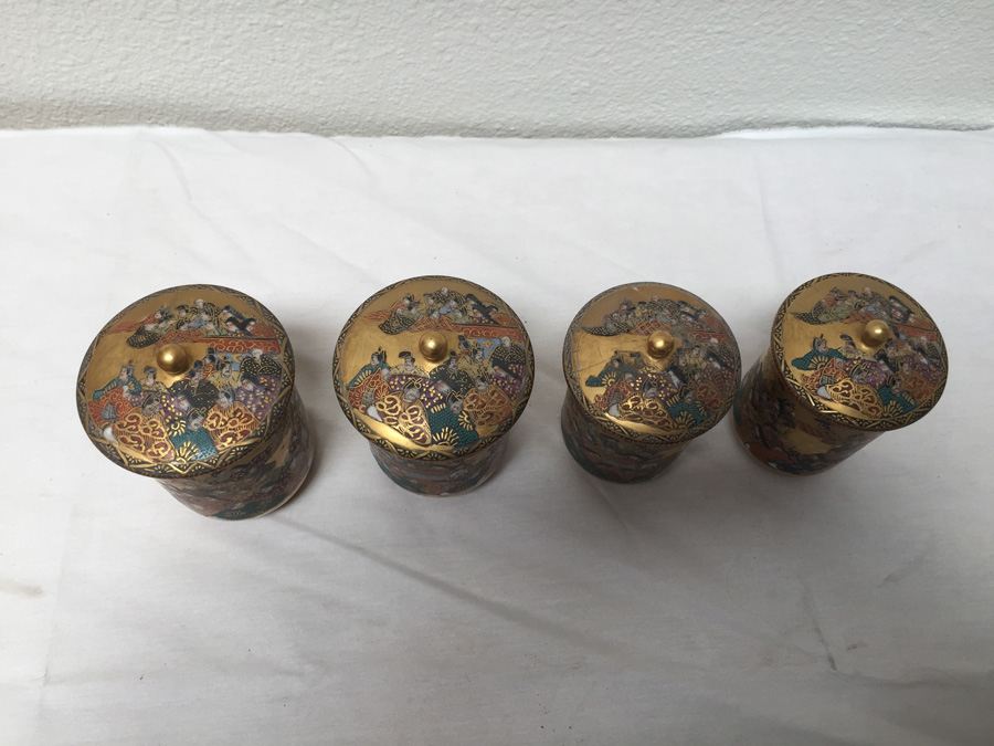 (4) Vintage Asian Cups With Lids Individually Signed [Photo 12]