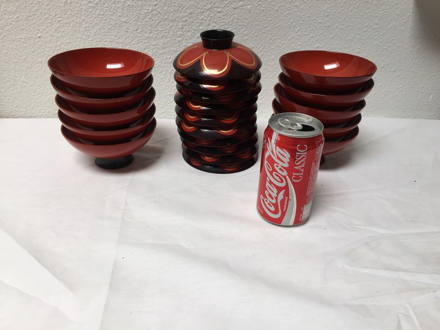 (10) Red Black And Gold Lacquer Japanese Rice Bowls With Lid [Photo 4]