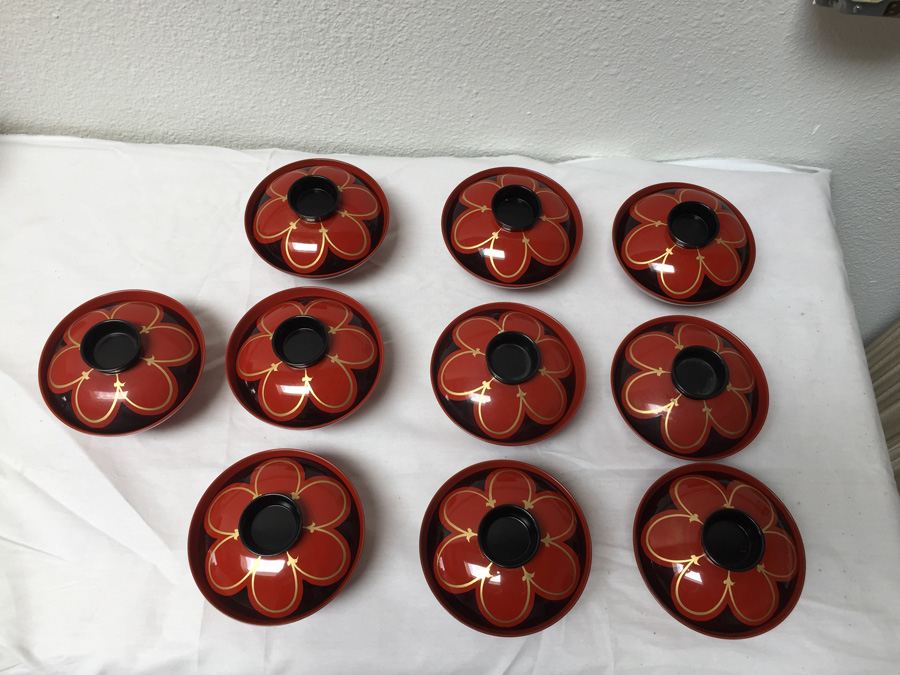 (10) Red Black And Gold Lacquer Japanese Rice Bowls With Lid [Photo 2]