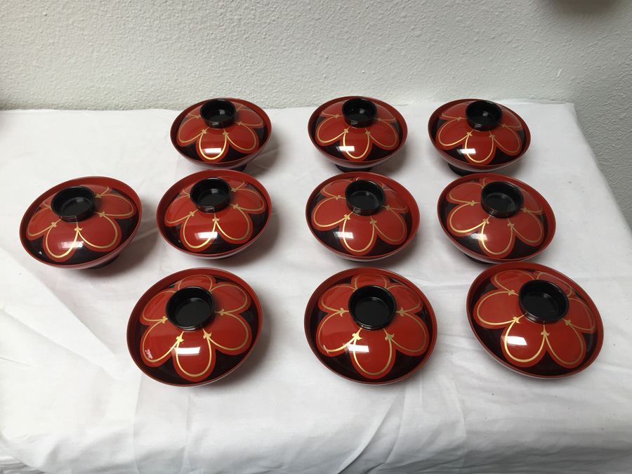 (10) Red Black And Gold Lacquer Japanese Rice Bowls With Lid [Photo 1]