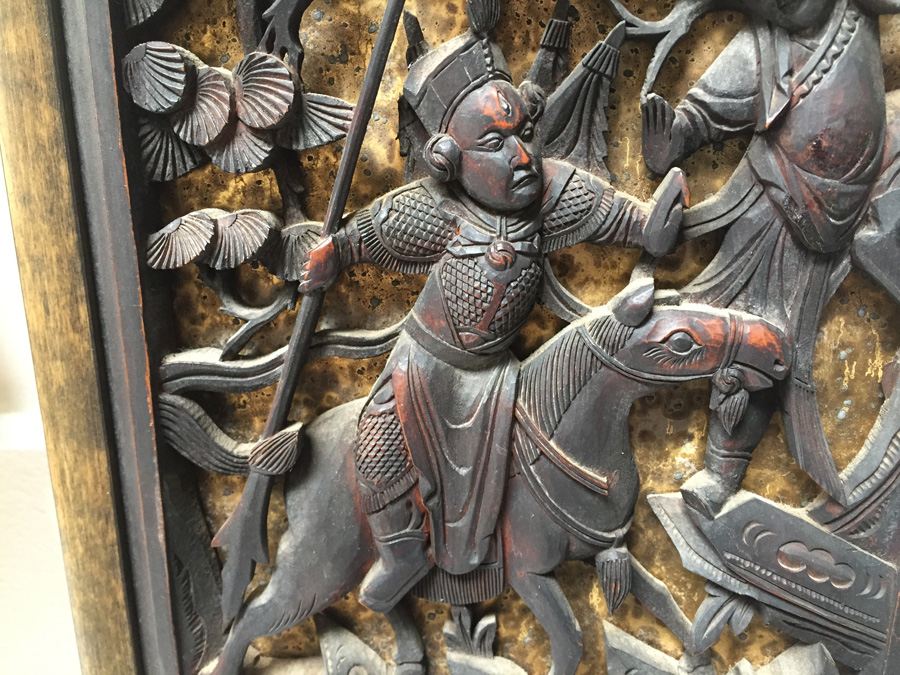 Pair Of Stunning Wood Carved Asian Panels With Detailed Warrior Scenes [Photo 10]