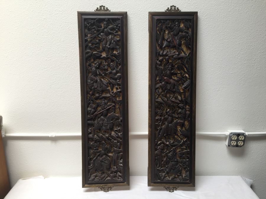 Pair Of Stunning Wood Carved Asian Panels With Detailed Warrior Scenes [Photo 1]