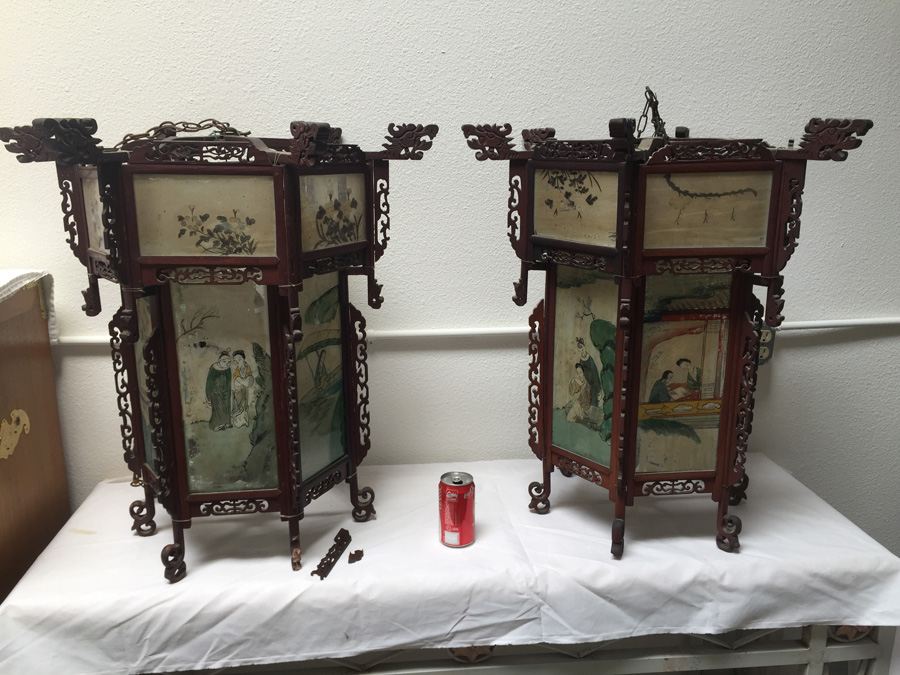 Large Asian Indoor/Outdoor Wood & Glass Light Fixtures [Photo 1]