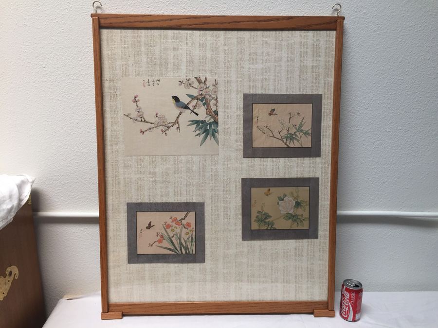 Framed Double Sided Collection Of Signed Asian Bird Artwork