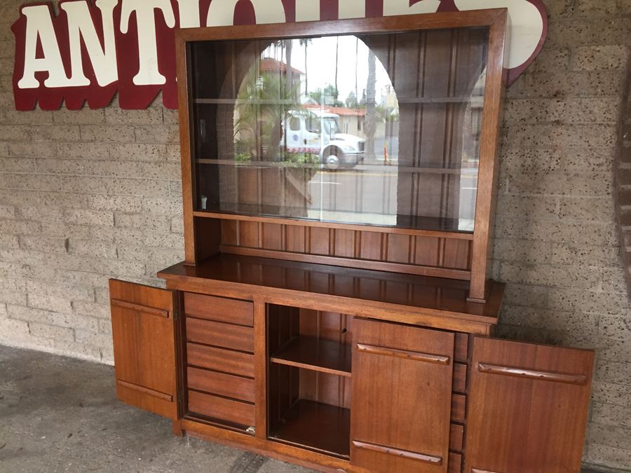 Solid Mid-Century 2-Piece Cabinet With Hutch And Sliding Glass Doors [Photo 3]