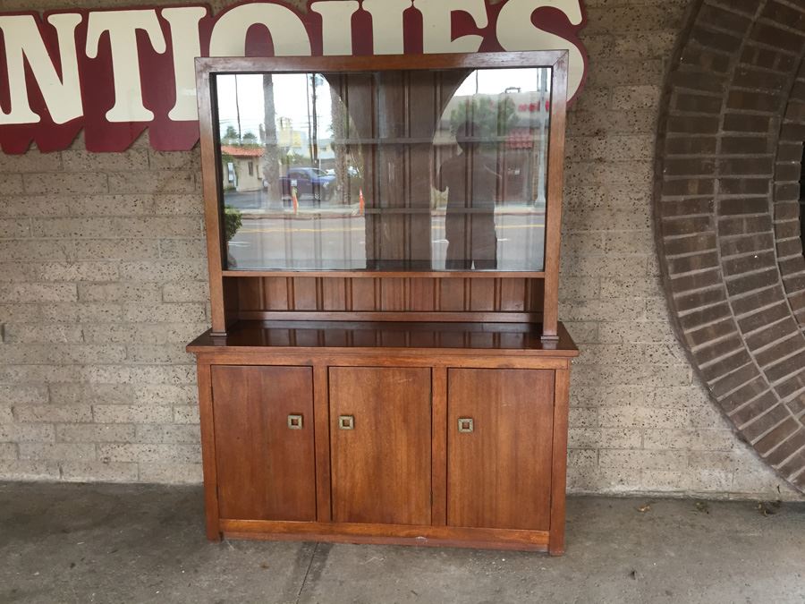 Solid Mid-Century 2-Piece Cabinet With Hutch And Sliding Glass Doors