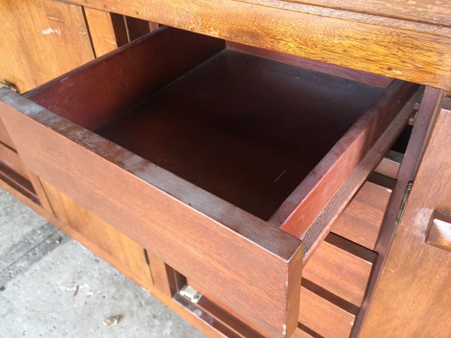 Solid Mid-Century 2-Piece Cabinet With Hutch And Sliding Glass Doors [Photo 12]