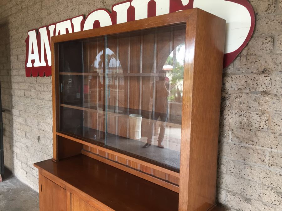 Solid Mid-Century 2-Piece Cabinet With Hutch And Sliding Glass Doors [Photo 8]