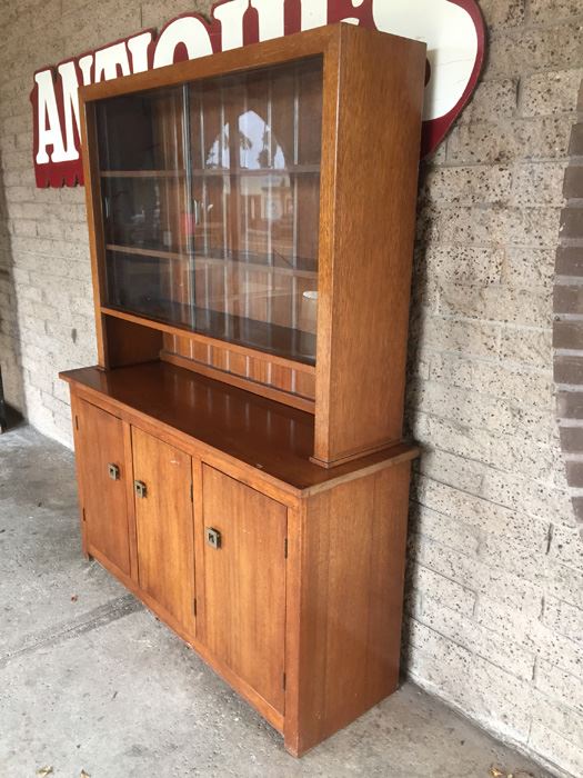 Solid Mid-Century 2-Piece Cabinet With Hutch And Sliding Glass Doors [Photo 6]