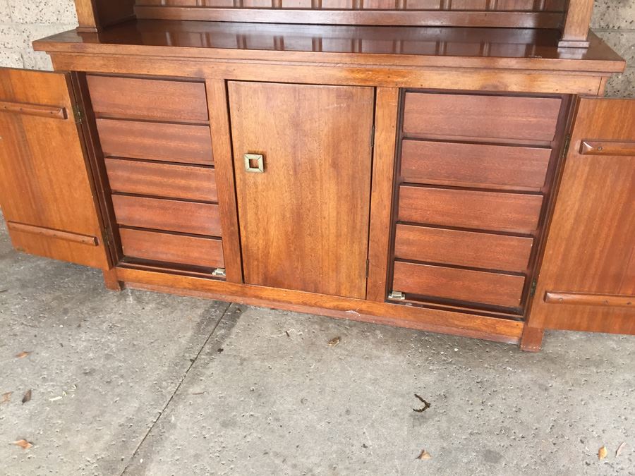 Solid Mid-Century 2-Piece Cabinet With Hutch And Sliding Glass Doors [Photo 2]