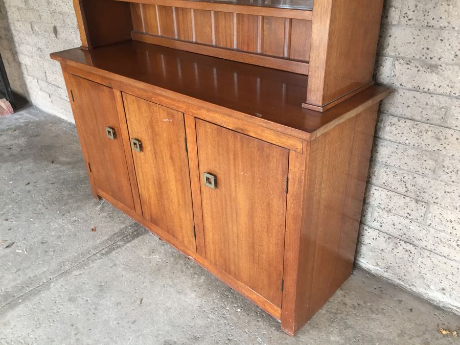 Solid Mid-Century 2-Piece Cabinet With Hutch And Sliding Glass Doors [Photo 7]