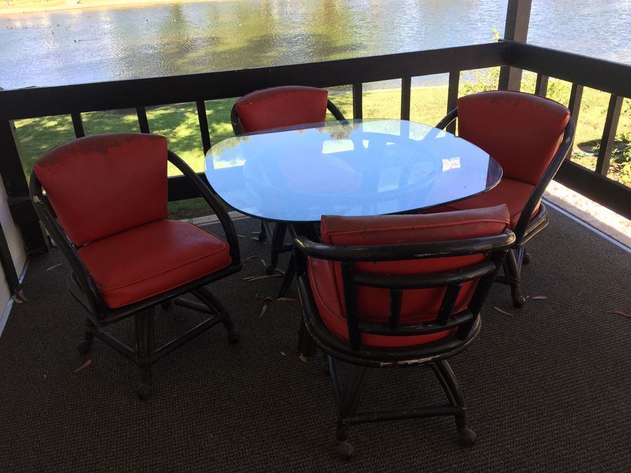 Outdoor Black Rattan Glass Top Table With Four Chairs On Casters [Photo 2]