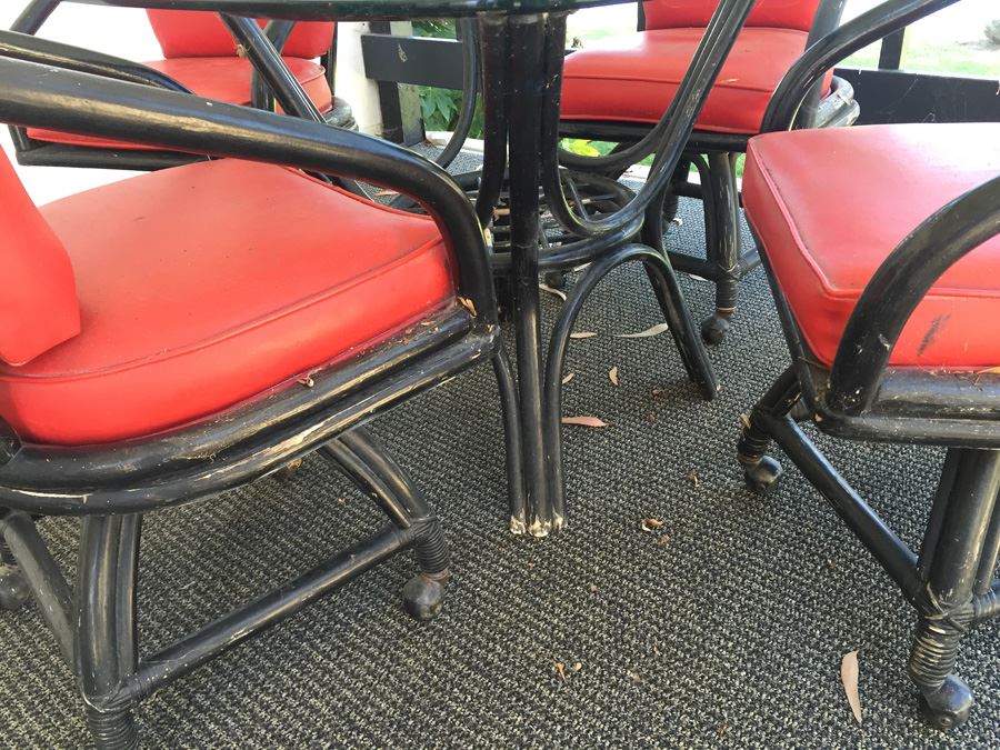 Outdoor Black Rattan Glass Top Table With Four Chairs On Casters [Photo 8]