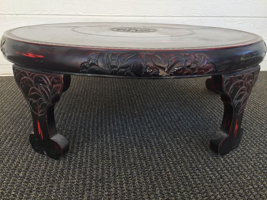 Beautifully Carved Asian Coffee Table With Mother Of Pearl Inlay