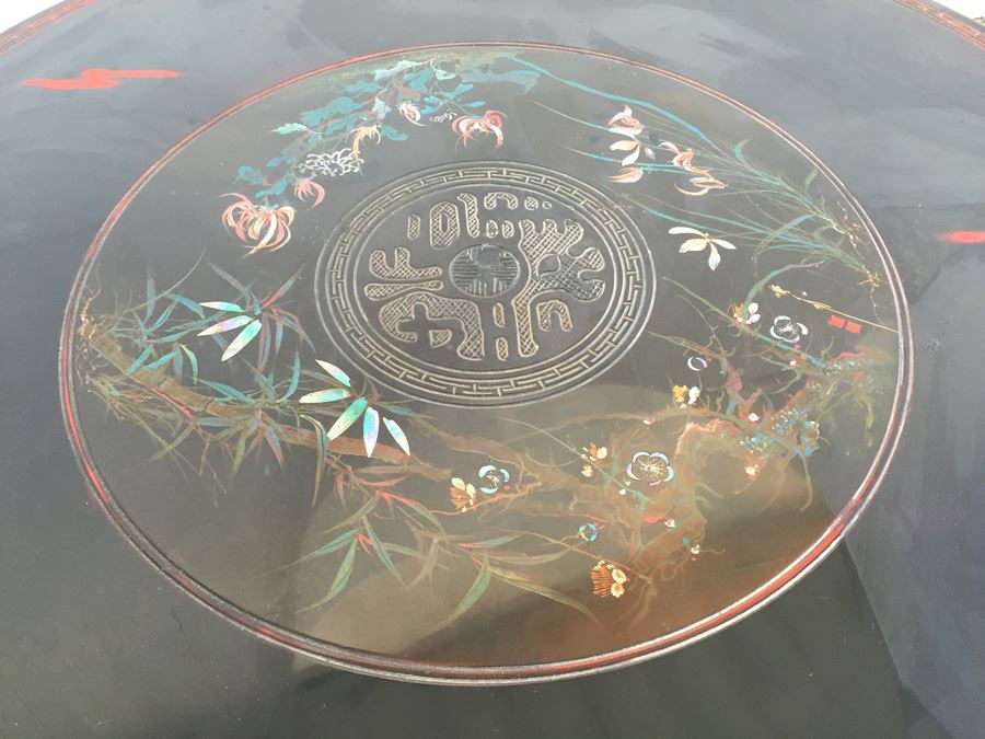 Beautifully Carved Asian Coffee Table With Mother Of Pearl Inlay [Photo 5]