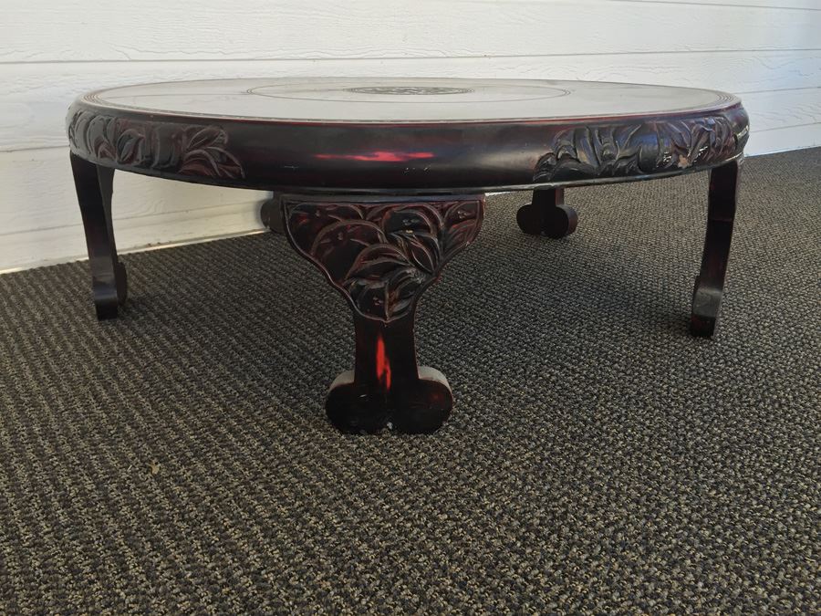 Beautifully Carved Asian Coffee Table With Mother Of Pearl Inlay [Photo 4]