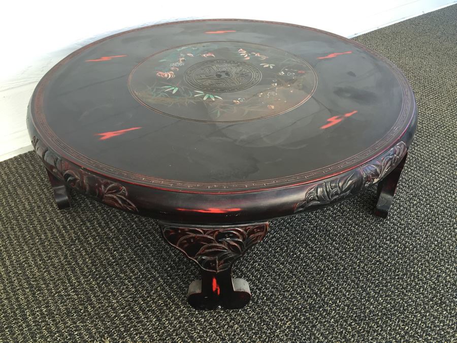 Beautifully Carved Asian Coffee Table With Mother Of Pearl Inlay [Photo 2]