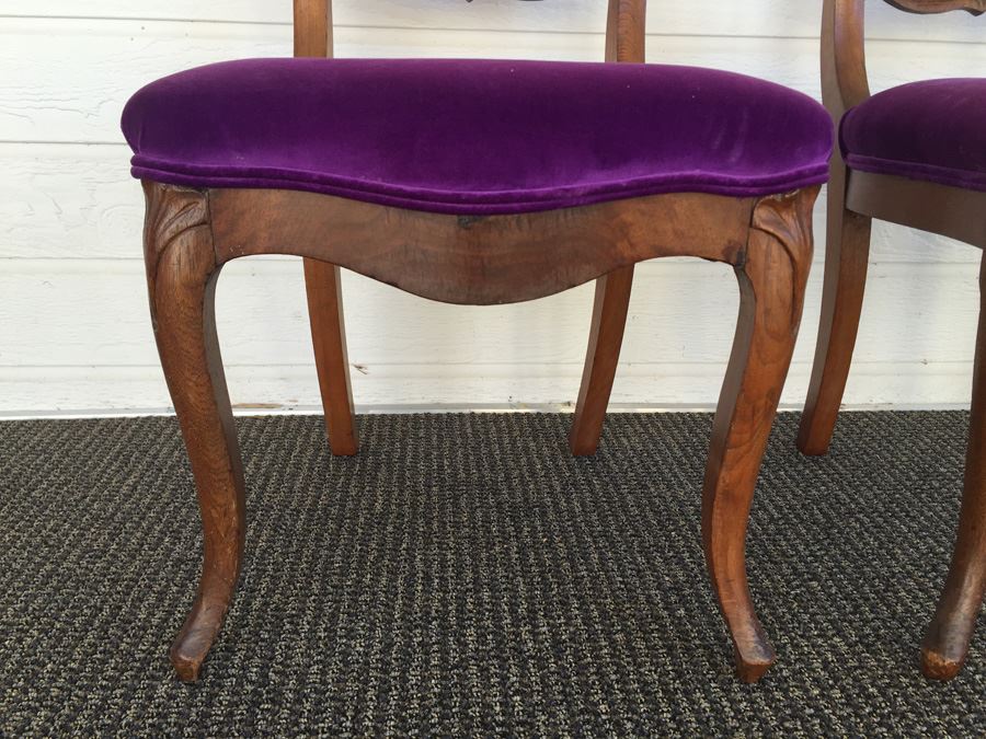 Pair of Vintage French Provincial Wood Carved Side Chairs With Purple Fabric [Photo 4]