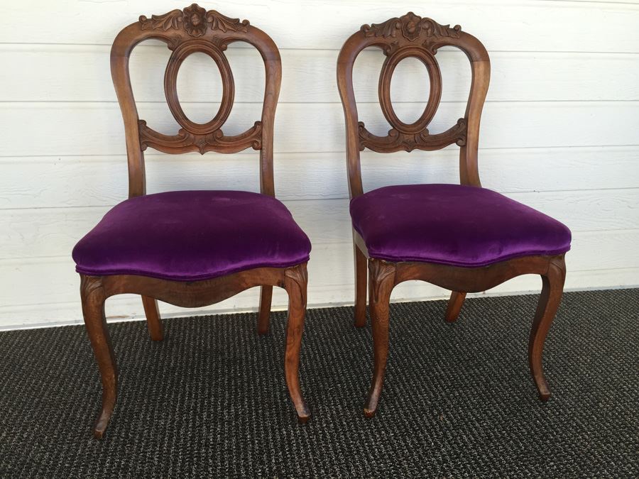 Pair of Vintage French Provincial Wood Carved Side Chairs With Purple Fabric [Photo 1]