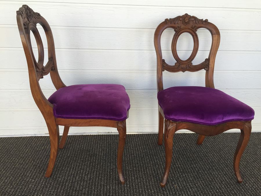 Pair of Vintage French Provincial Wood Carved Side Chairs With Purple Fabric [Photo 3]