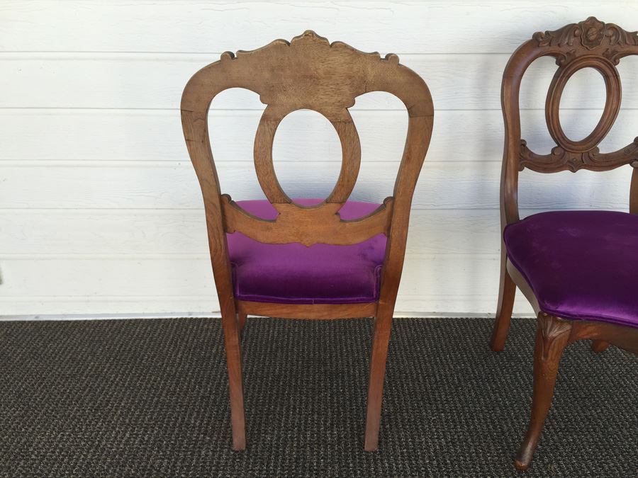 Pair of Vintage French Provincial Wood Carved Side Chairs With Purple Fabric [Photo 7]