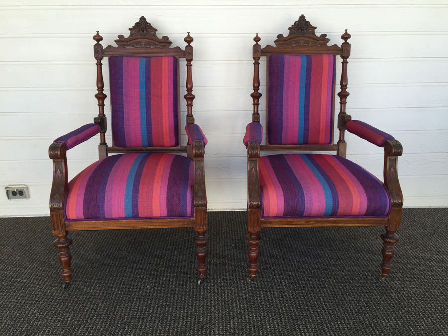 Pair Of Beautifully Carved Wood Arm Chairs On Casters [Photo 1]
