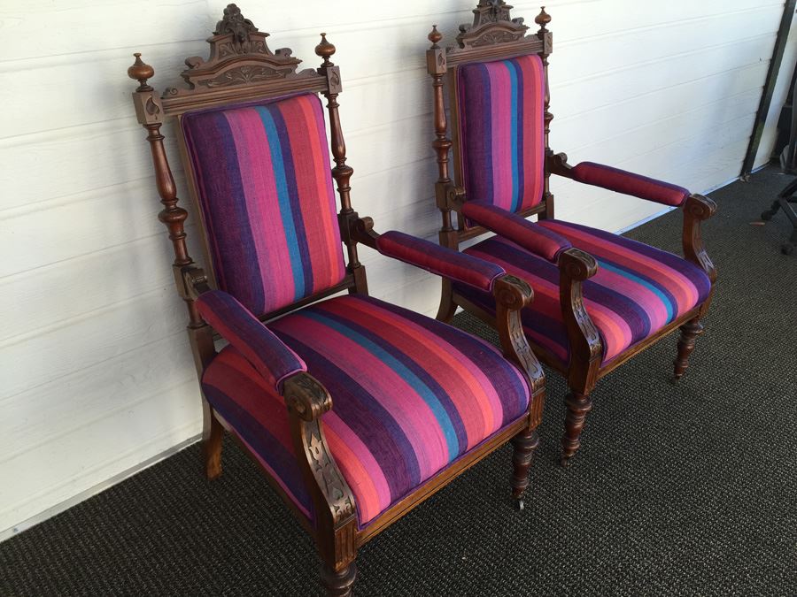 Pair Of Beautifully Carved Wood Arm Chairs On Casters [Photo 6]