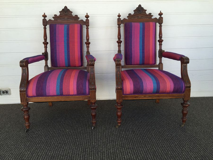Pair Of Beautifully Carved Wood Arm Chairs On Casters [Photo 4]