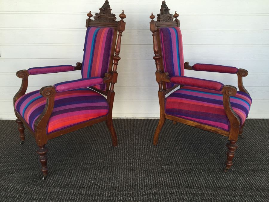 Pair Of Beautifully Carved Wood Arm Chairs On Casters [Photo 2]