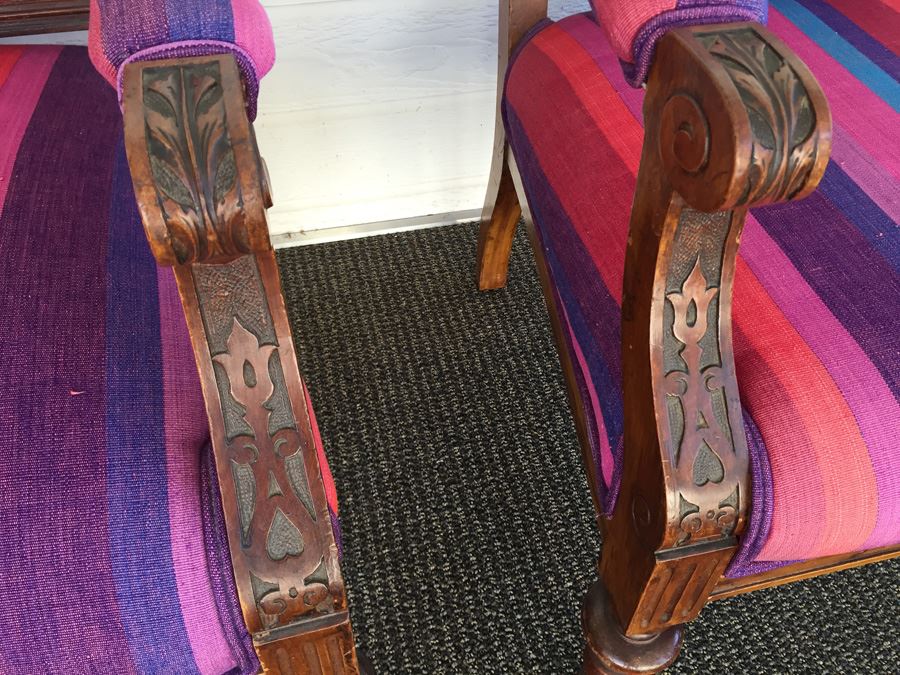 Pair Of Beautifully Carved Wood Arm Chairs On Casters [Photo 10]