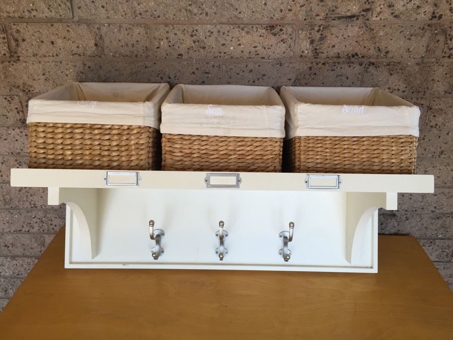 Pottery Barn Shelf With Baskets And Coat Rack