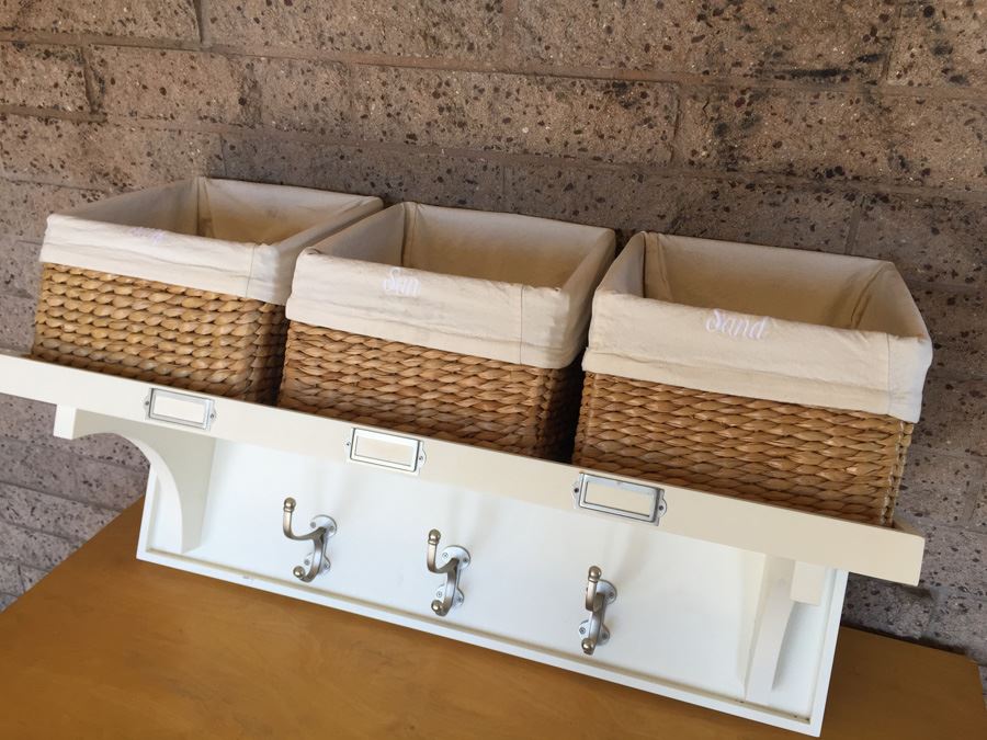 Pottery Barn Shelf With Baskets And Coat Rack [Photo 2]