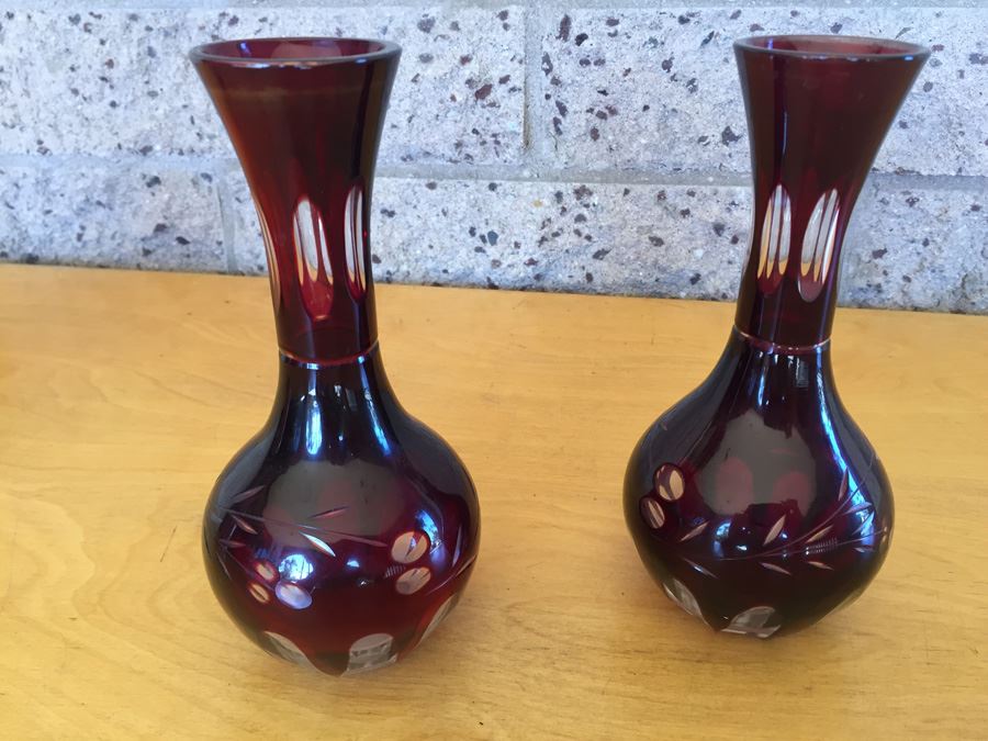 Pair Of Bohemian Cranberry Ruby Red Vases [Photo 10]