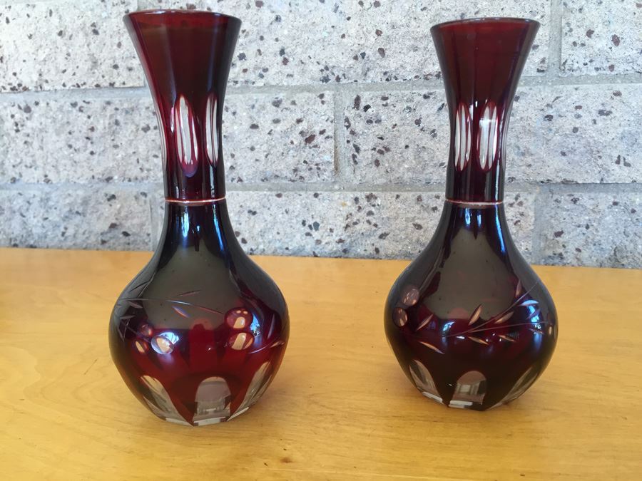 Pair Of Bohemian Cranberry Ruby Red Vases [Photo 11]