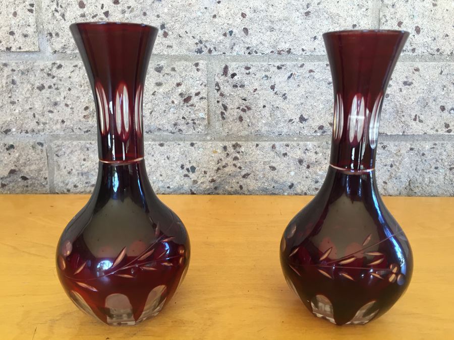 Pair Of Bohemian Cranberry Ruby Red Vases [Photo 2]
