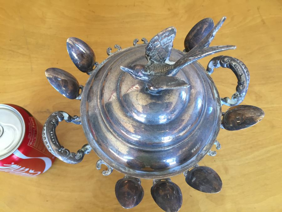 Vintage Silver Sheffield Plate Sugar Bowl and Spoon Holder With Bird Top And Spoons [Photo 7]