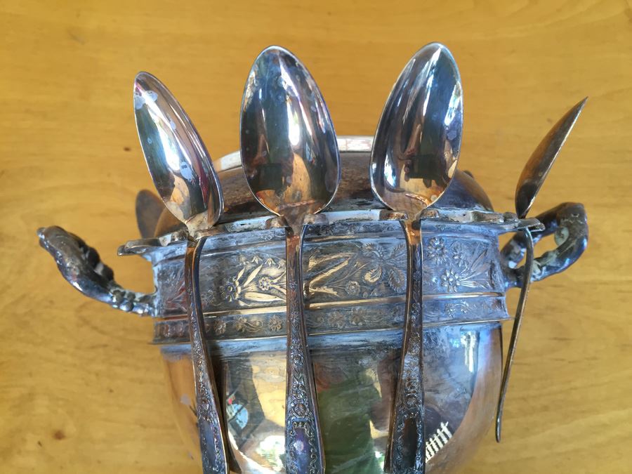 Vintage Silver Sheffield Plate Sugar Bowl and Spoon Holder With Bird Top And Spoons [Photo 17]