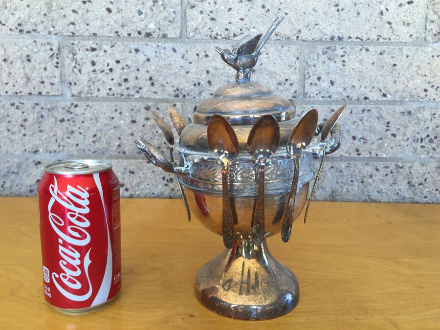 Vintage Silver Sheffield Plate Sugar Bowl and Spoon Holder With Bird ...