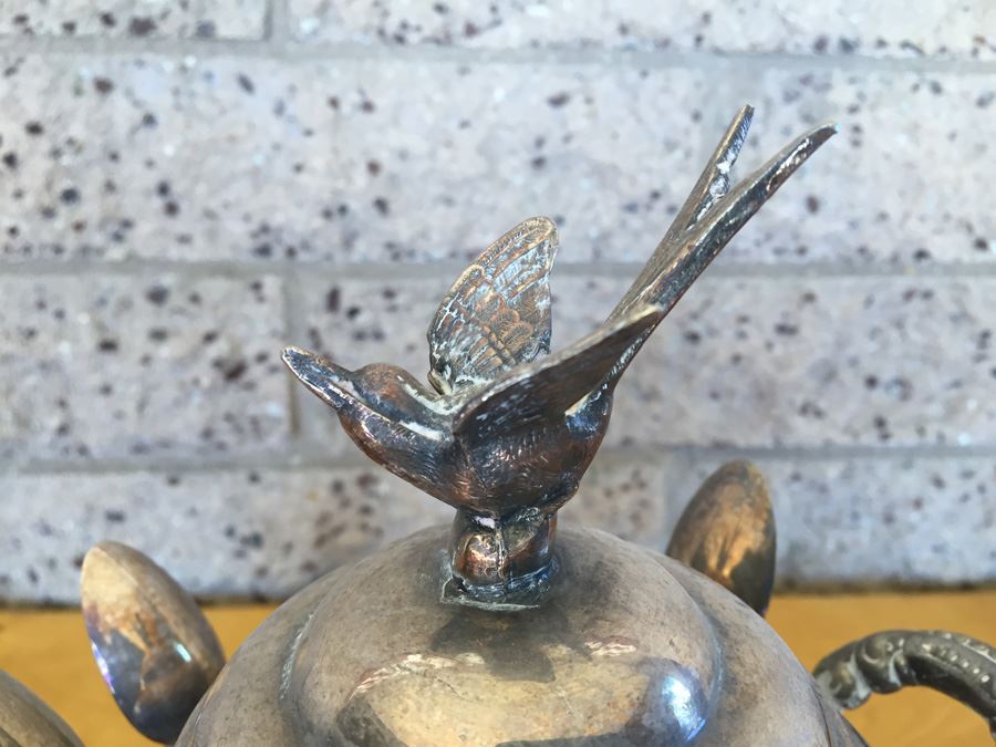 Vintage Silver Sheffield Plate Sugar Bowl and Spoon Holder With Bird Top And Spoons [Photo 6]