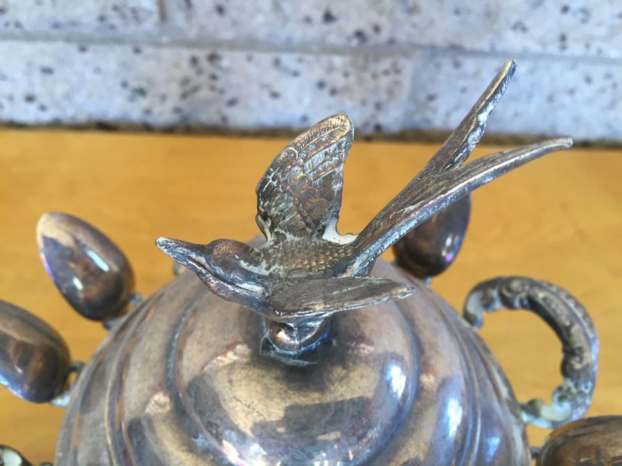 Vintage Silver Sheffield Plate Sugar Bowl and Spoon Holder With Bird Top And Spoons [Photo 3]